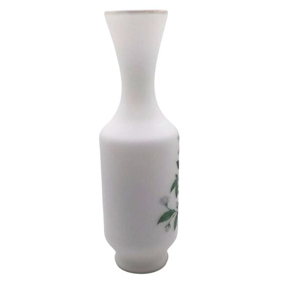 Vintage White Satin Glass Vase With Floral Design & Gold Trim - Picture 5 of 9